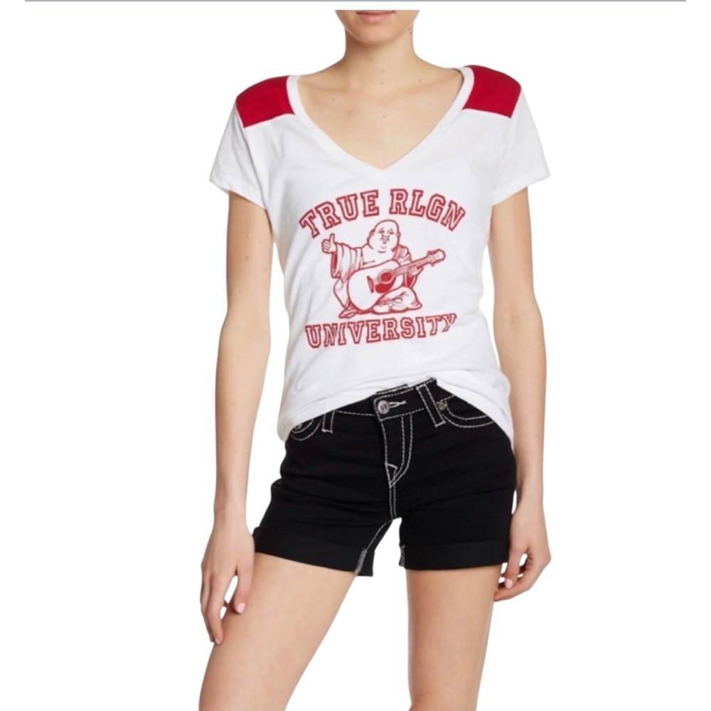True Religion University Women's Logo V Neck T Shirt Size Small